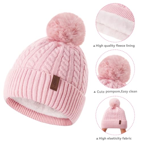FENELY Womens Winter Beanie Hat Scarf and Gloves Set Girls Cable Beanies with Pompom Infinity Scarf Knitted Touch Screen Gloves Sets Ladies Pink Knit Thick Warm Soft Fleece Lined Thermal Cap - Image 2