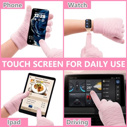 FENELY Womens Winter Beanie Hat Scarf and Gloves Set Girls Cable Beanies with Pompom Infinity Scarf Knitted Touch Screen Gloves Sets Ladies Pink Knit Thick Warm Soft Fleece Lined Thermal Cap - Image 3