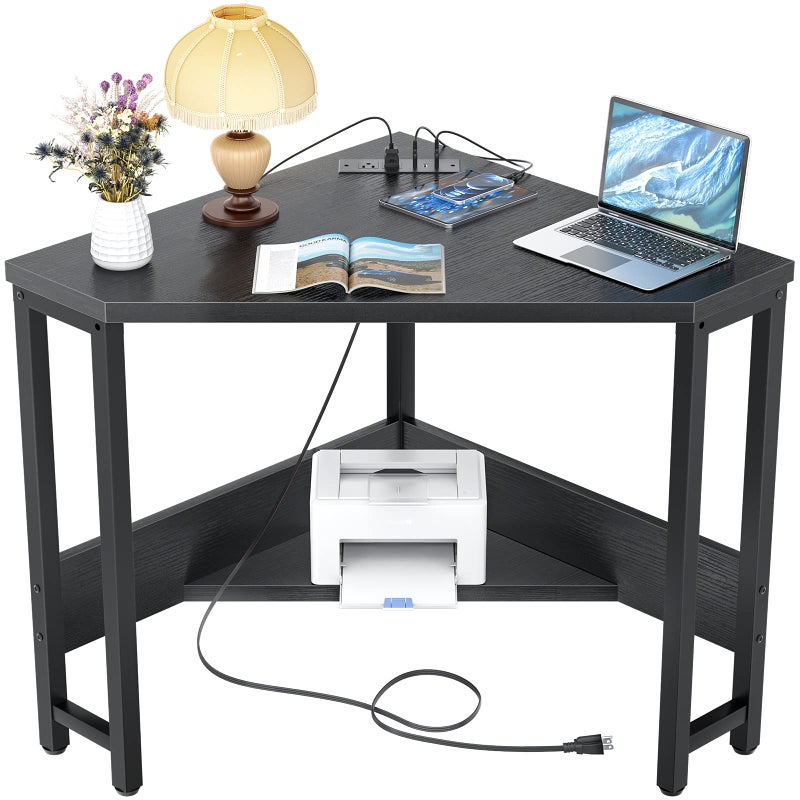 Armocity Corner Desk Small Desk with Outlets Corner Table for Small Space, Computer Desk with USB Ports Triangle Desk with Storage for Home Office, Workstation, Living Room, Bedroom, Black - Image 1