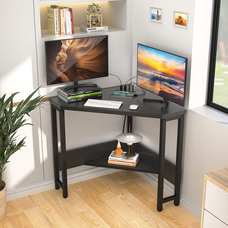 Armocity Corner Desk Small Desk with Outlets Corner Table for Small Space, Computer Desk with USB Ports Triangle Desk with Storage for Home Office, Workstation, Living Room, Bedroom, Black - Image 3