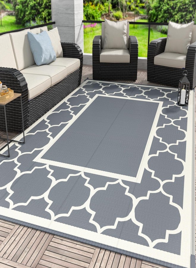 GENIMO 5 ' x 8 ' Outdoor Rug for Patio, Waterproof Indoor Outdoor Plastic Straw Rugs Carpet, Reversible Outside Area Mat for Camping, Balcony Porch, Deck, Picnic, Beach Grey & Beige White - Image 1