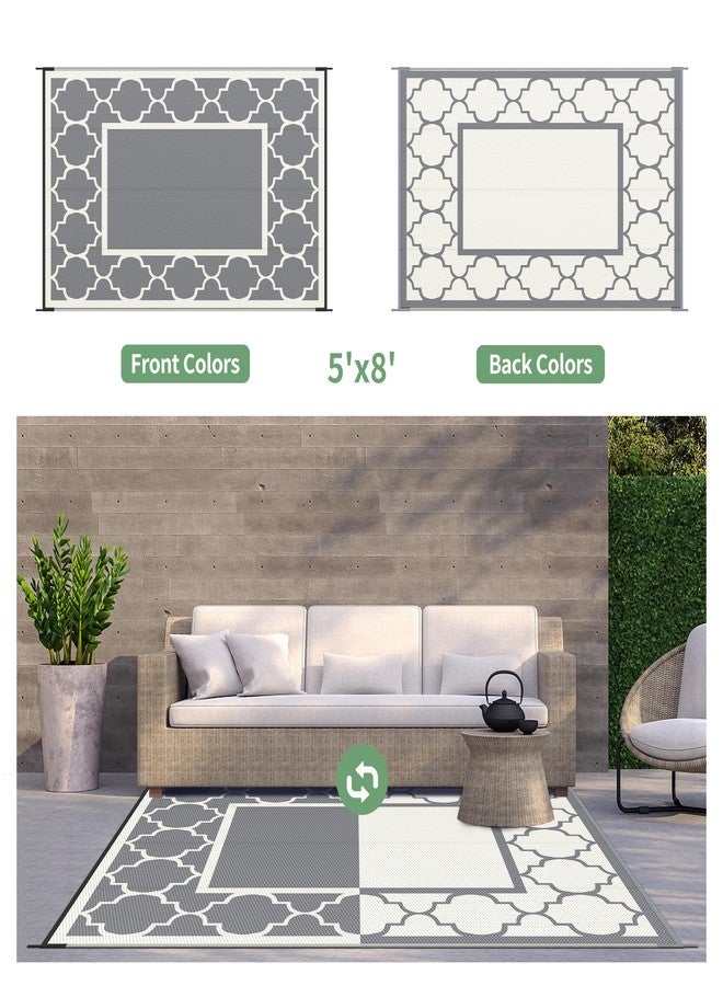 GENIMO 5 ' x 8 ' Outdoor Rug for Patio, Waterproof Indoor Outdoor Plastic Straw Rugs Carpet, Reversible Outside Area Mat for Camping, Balcony Porch, Deck, Picnic, Beach Grey & Beige White - Image 4