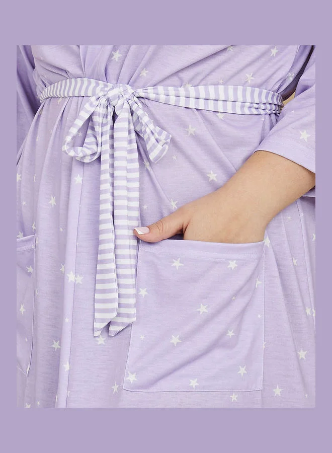 Styli Stars Print Jersey Robe with Striped Tie Up