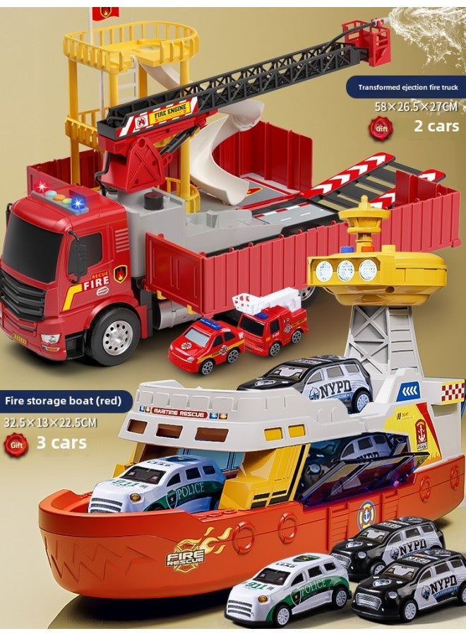 إسكدنيا لعبة قارب كبيرة الحجم للأطفال، صوت وضوء، نموذج سفينة للأولاد الشرطة يمكن تخزين سيارة الإطفاء 61 هدية - اللون: 【مجموعة فاخرة كبيرة جدًا】 ❤ شاحنة إطفاء طرد مداري + قارب إطفاء + 3 مركبات معدنية - Image 1