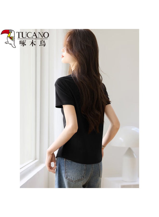 WOODPECKER Wood Women's Short Sleeve T-shirt Summer Slim Fit Half High Neck Regular Shoulder Breathable Ladies Casual Half Sleeve White XL - Image 2