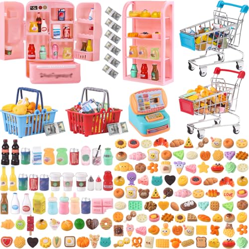 DULEFUN 143pcs Mini Shopping Cart Basket Miniature Food Drink Bottle Toys Supermarket Shelve Metal Handcart Cash Register for Dollhouse Store AccessoryPretend Play Cosplay Game Kids Party Favor - Image 1