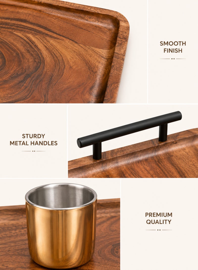Aanya Homecraft Premium Set of 2 Rectangular Acacia Wooden Trays, (35x25cm + 30x20cm) with Metal Handles – Handcrafted Dining & Coffee Table Trays for Snacks, Drinks & Hosting, Natural Brown - Image 3