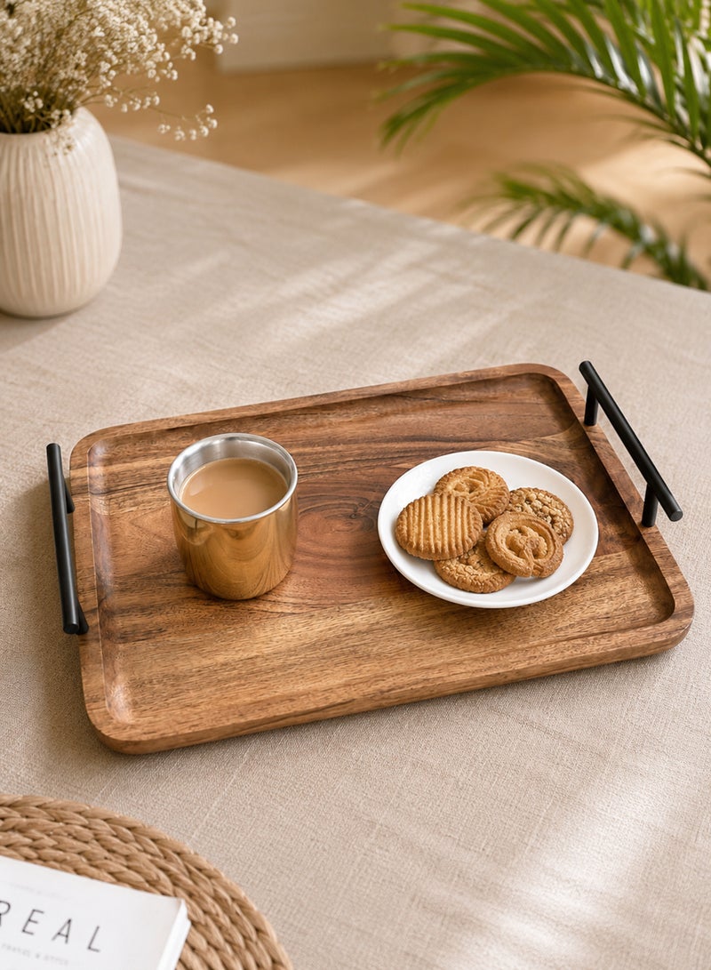 Aanya Homecraft Premium Set of 2 Rectangular Acacia Wooden Trays, (35x25cm + 30x20cm) with Metal Handles – Handcrafted Dining & Coffee Table Trays for Snacks, Drinks & Hosting, Natural Brown - Image 2