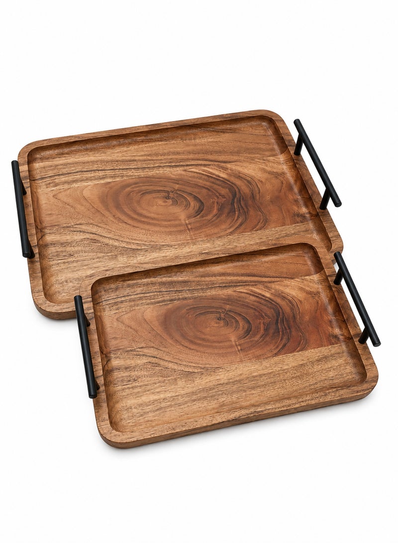 Aanya Homecraft Premium Set of 2 Rectangular Acacia Wooden Trays, (35x25cm + 30x20cm) with Metal Handles – Handcrafted Dining & Coffee Table Trays for Snacks, Drinks & Hosting, Natural Brown - Image 1
