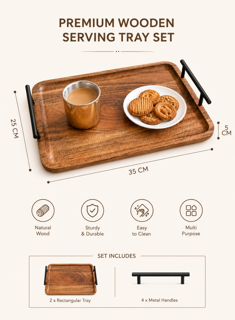 Aanya Homecraft Premium Set of 2 Rectangular Acacia Wooden Trays, (35x25cm + 30x20cm) with Metal Handles – Handcrafted Dining & Coffee Table Trays for Snacks, Drinks & Hosting, Natural Brown - Image 4