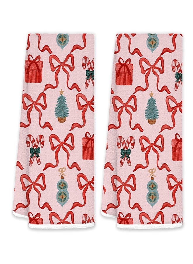 JINYO Coquette Pink Christmas Bow Kitchen Towels 16x24 Inch Set of 2, Preppy Christmas Tree Reindeer Santa Decorative Hand Towels for Bathroom Kitchen, Girly Xmas Dish Tea Towel - Image 1