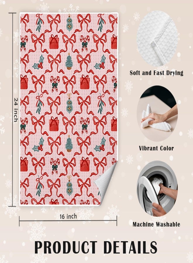 JINYO Coquette Pink Christmas Bow Kitchen Towels 16x24 Inch Set of 2, Preppy Christmas Tree Reindeer Santa Decorative Hand Towels for Bathroom Kitchen, Girly Xmas Dish Tea Towel - Image 5