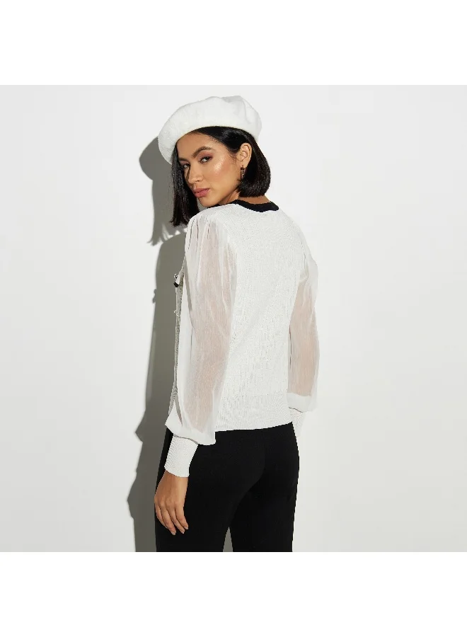 2Xtremz 2Xtremz Pearls Embellished V-neck Sweater with Pockets and Bishop Sleeves