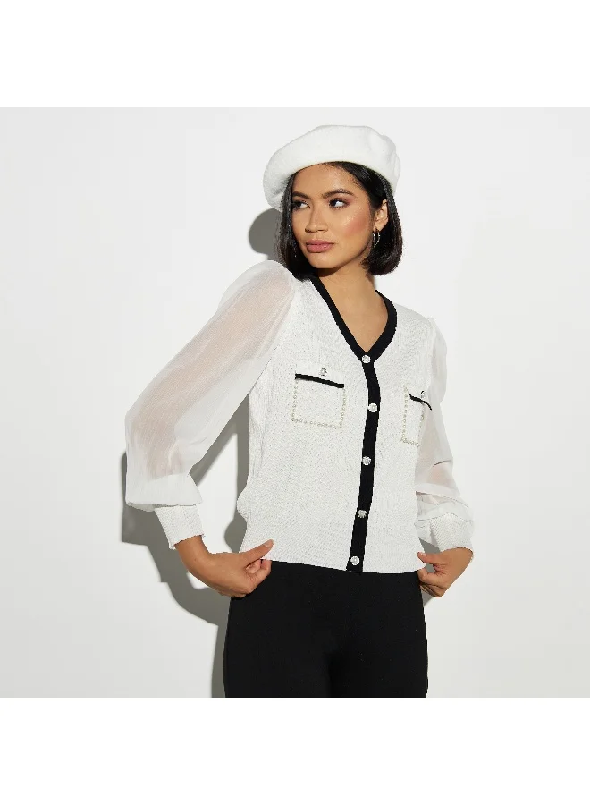 2Xtremz 2Xtremz Pearls Embellished V-neck Sweater with Pockets and Bishop Sleeves