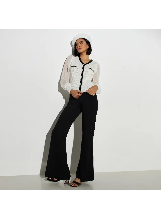 2Xtremz 2Xtremz Pearls Embellished V-neck Sweater with Pockets and Bishop Sleeves