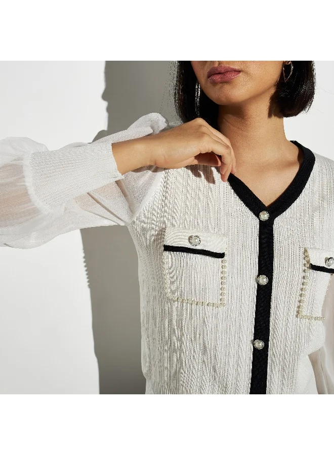 2Xtremz 2Xtremz Pearls Embellished V-neck Sweater with Pockets and Bishop Sleeves