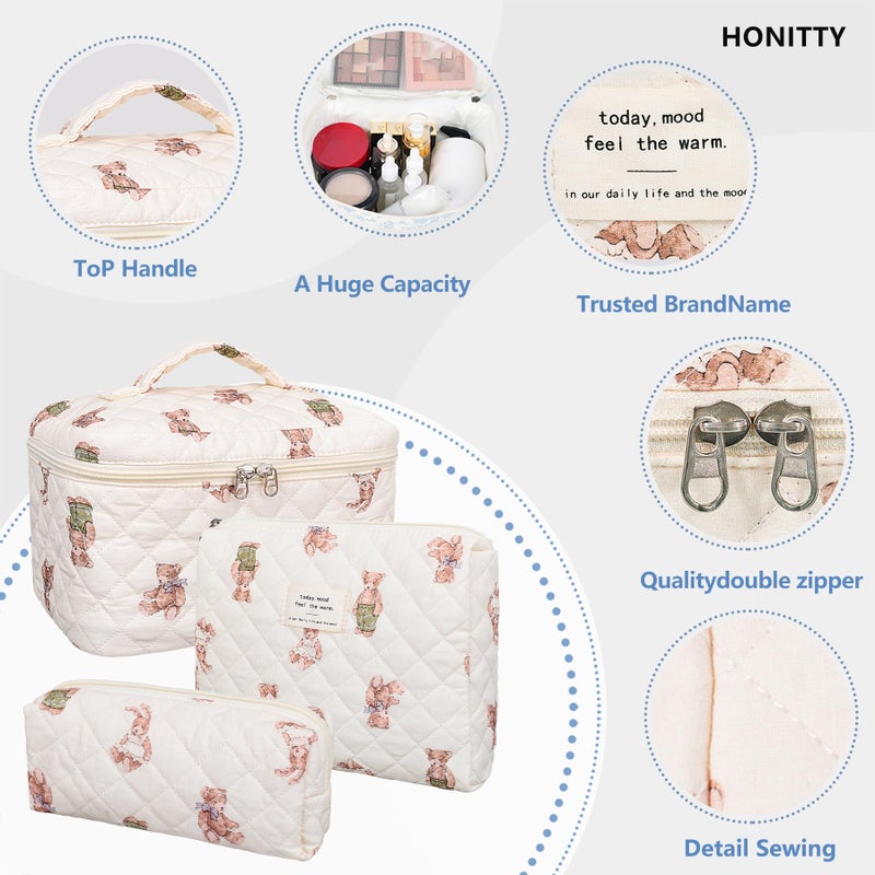 honitty Makeup Bag,Quilted Cosmetic Bag,Large Floral Make Up Bag for Women,Cotton Makeup Bag Set,Flower Travel Toiletry Bag - Image 3