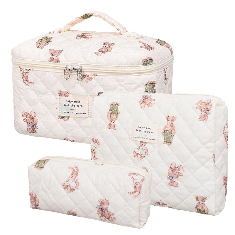 honitty Makeup Bag,Quilted Cosmetic Bag,Large Floral Make Up Bag for Women,Cotton Makeup Bag Set,Flower Travel Toiletry Bag - Image 1