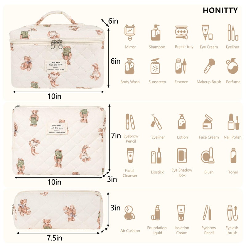 honitty Makeup Bag,Quilted Cosmetic Bag,Large Floral Make Up Bag for Women,Cotton Makeup Bag Set,Flower Travel Toiletry Bag - Image 2