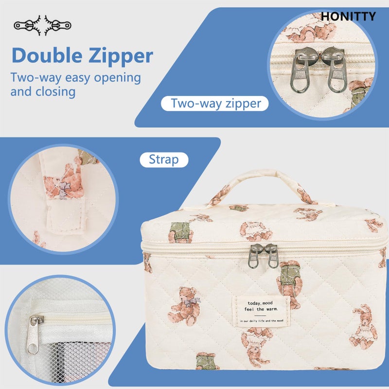 honitty Makeup Bag,Quilted Cosmetic Bag,Large Floral Make Up Bag for Women,Cotton Makeup Bag Set,Flower Travel Toiletry Bag - Image 4