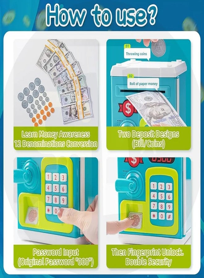 STOFFIER GARTEN Electronic ATM Piggy Bank for Kids – Toy Money Safe with Fingerprint Sensor and Password Lock – Cash Deposit Box for Boys and Girls Ages 2–5 Years (Green) - Image 3