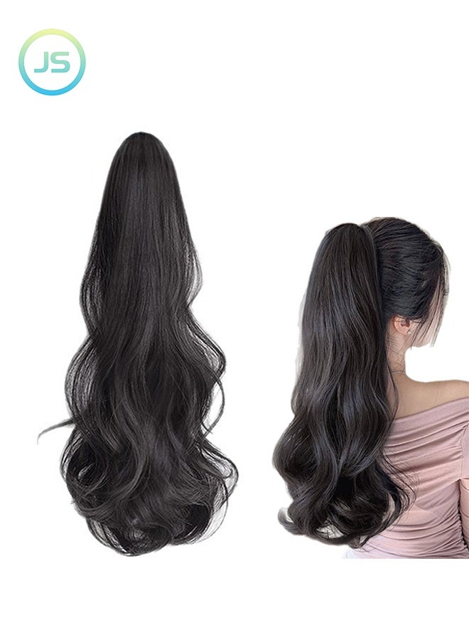 JS Claw Clip Ponytail Extension, Synthetic Curly Wavy Clip in Hair Pieces, 45cm Long Pony Tails Hair Extensions for Women (Black) - Image 1
