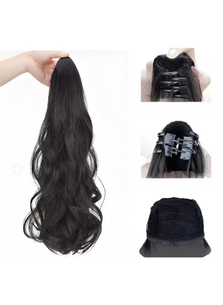 JS Claw Clip Ponytail Extension, Synthetic Curly Wavy Clip in Hair Pieces, 45cm Long Pony Tails Hair Extensions for Women (Black) - Image 2
