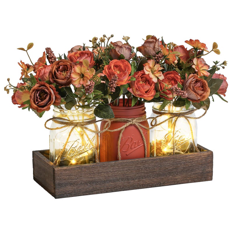 DUOER 3 Pcs Mason Jar Centerpiece Table Decorations for Dining Table Decor Farmhouse Coffee Table Decor with Wood Tray and Led Light Table Centerpieces for Dining room Kitchen Living BathroomOrange