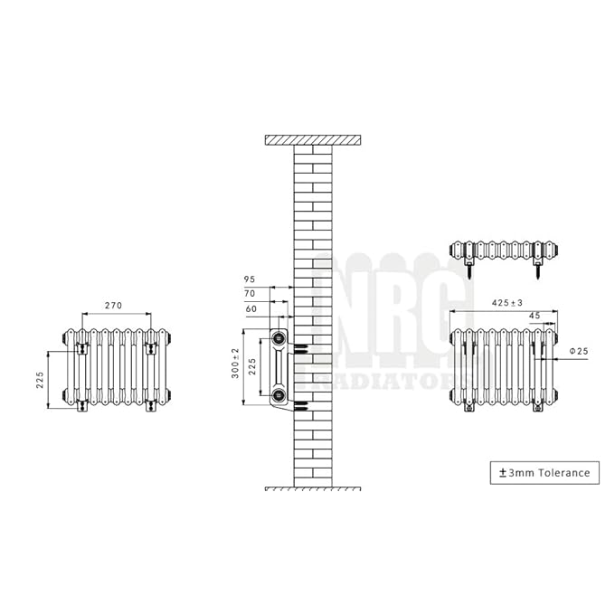 NRG TRADITIONAL RADIATOR ANTHRACITE CAST IRON 2 COLUMN HORIZONTAL CENTRAL HEATING BATHROOM RADIATORS 300X425MM - Image 3