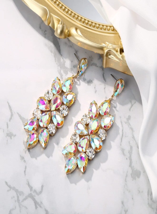 BriLove Art Deco Dangle Jewelry Earrings Sparkly Rhinestone Teardrop Statement for Women Iridescent AB Gold-Tone - Image 3