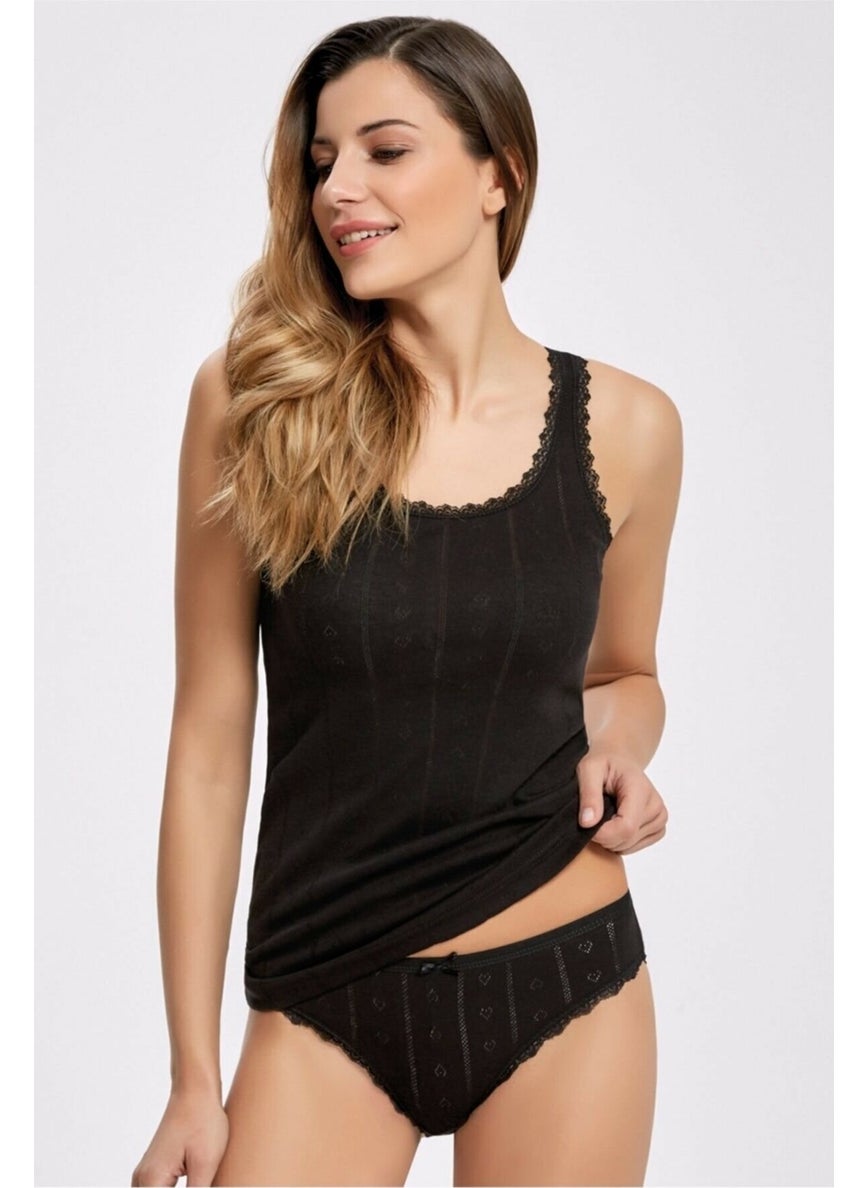 İLKE Ilke Women's Thick Strap Heart Patterned Jacquard Undershirt Panties Set-Black 