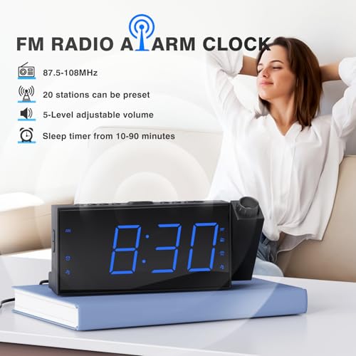 Mesqool Projection Alarm Clock for Bedroom with FM Radio, 7" Large LED Display with Dimmer, Dual Alarm Clock, Ceiling Projection, USB Charging Port, Sleep Timer, Plug in Digital Clock Radio - Image 2