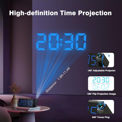 Mesqool Projection Alarm Clock for Bedroom with FM Radio, 7" Large LED Display with Dimmer, Dual Alarm Clock, Ceiling Projection, USB Charging Port, Sleep Timer, Plug in Digital Clock Radio - Image 3
