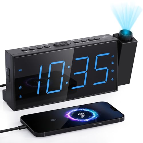 Mesqool Projection Alarm Clock for Bedroom with FM Radio, 7" Large LED Display with Dimmer, Dual Alarm Clock, Ceiling Projection, USB Charging Port, Sleep Timer, Plug in Digital Clock Radio - Image 1