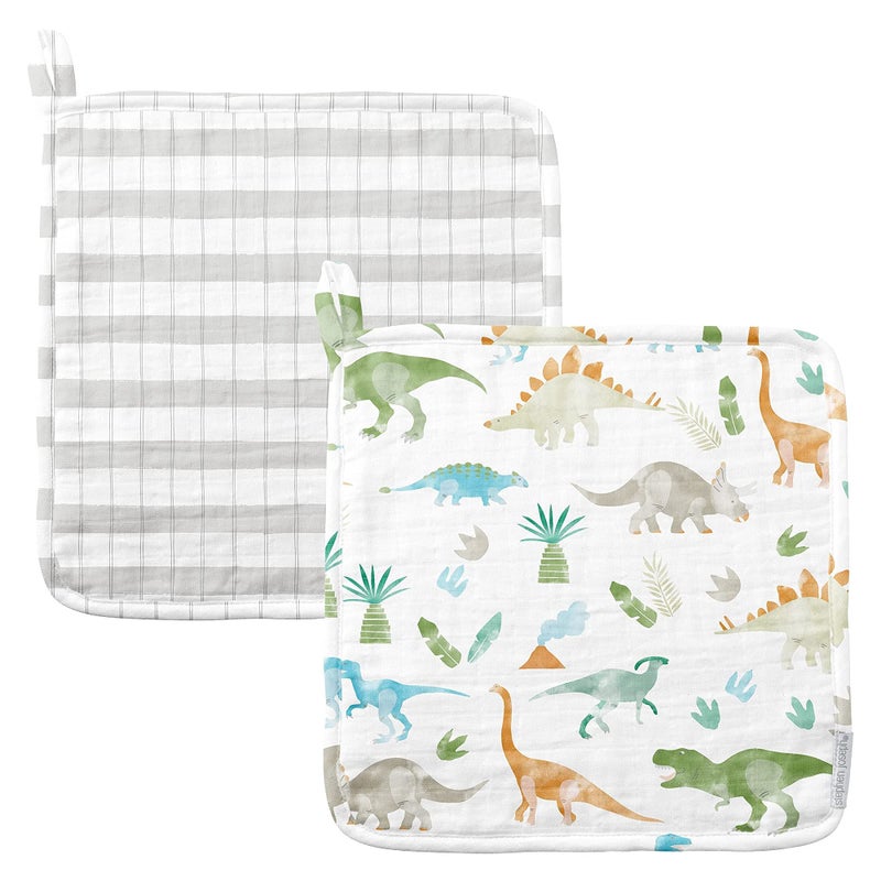 Stephen Joseph, Baby and Toddler Washcloths, Muslin Washcloth, 10"x10" inches - Dino Set of 2