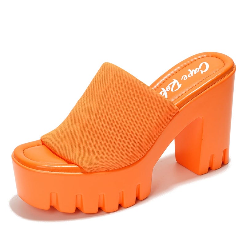 Cape Robbin Women's Chunky Platform Sandals Block Heel - Slip On Elastic Band Dressy Shoes Round Toe Comfort Soles (Echoya) - Orange Size 10 - Image 1