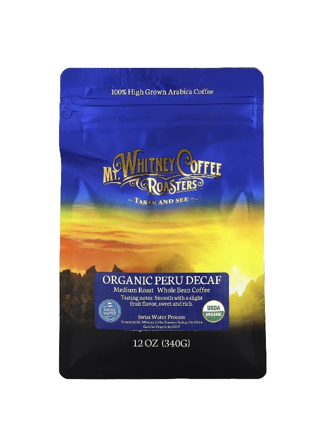 MT. WHITNEY COFFEE ROASTERS Mt. Whitney Coffee Roasters, Organic Peru Decaf, Whole Bean, Medium Roast, 12 oz (340 g)  - Image 1