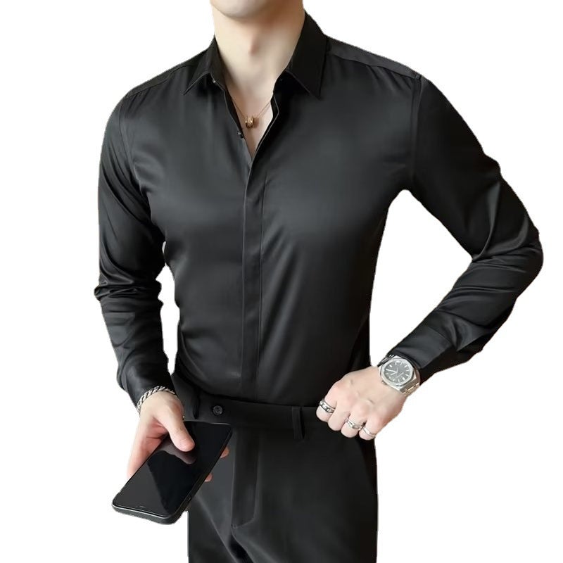 Mens Silk-Like Satin Long Sleeve Shirt White
