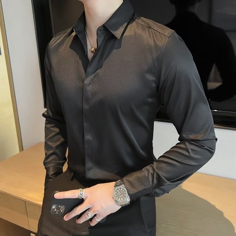Mens Silk-Like Satin Long Sleeve Shirt White