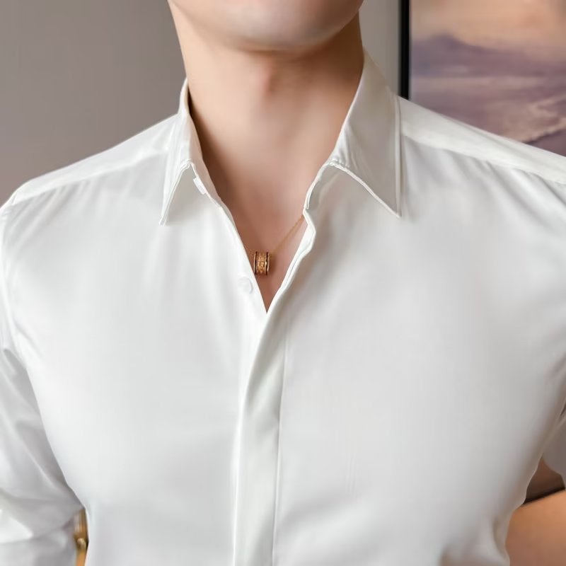 Mens Silk-Like Satin Long Sleeve Shirt White