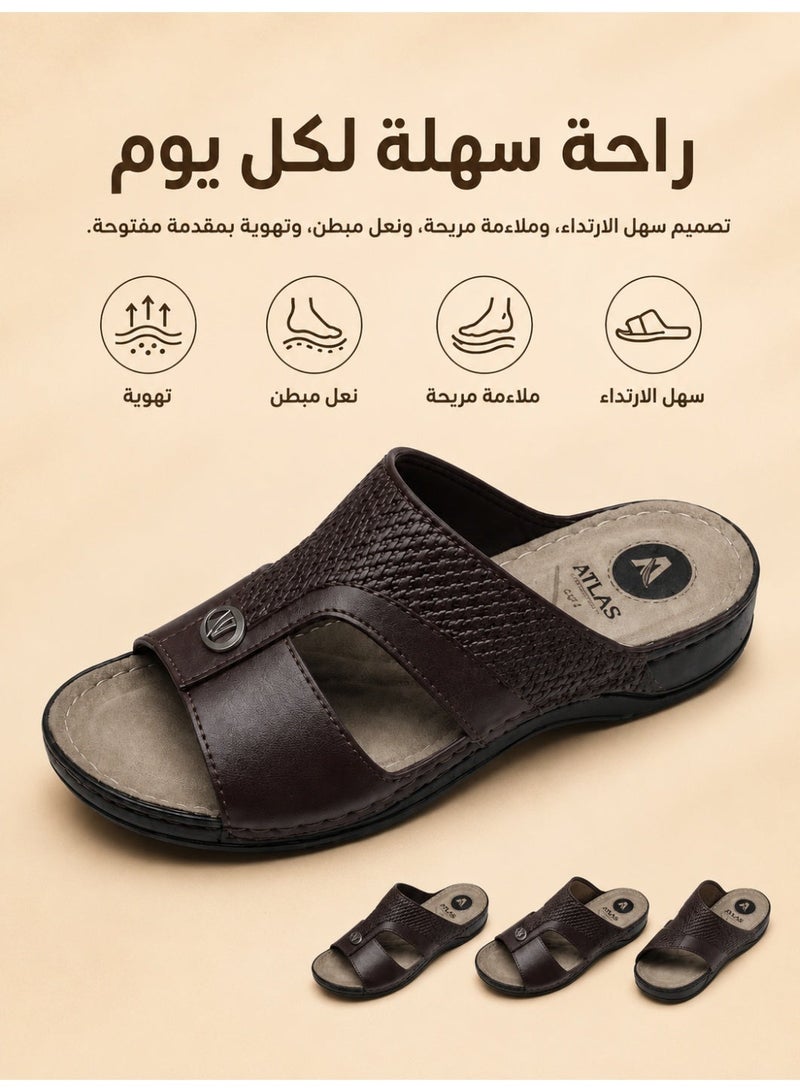 Men’s Leather-Look Arabic Sandals, Open Toe Slip-On House Slippers with Woven Strap, Soft Footbed, Non-Slip Sole, Comfortable Casual Sandals - Image 3