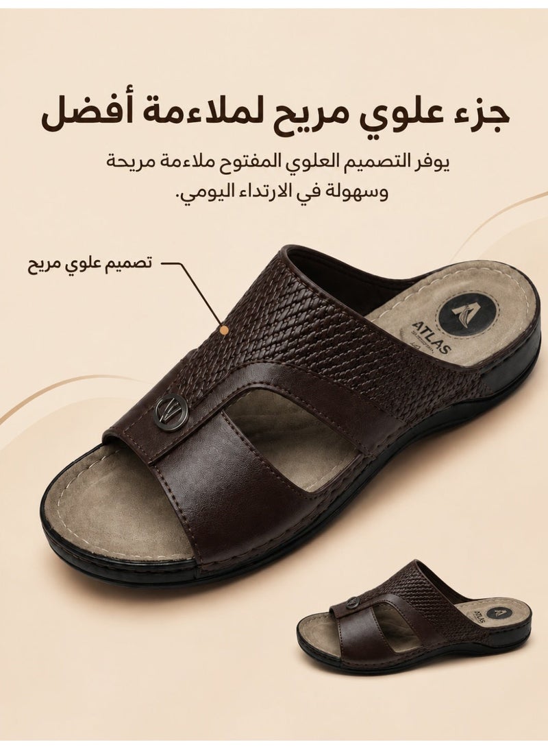 Men’s Leather-Look Arabic Sandals, Open Toe Slip-On House Slippers with Woven Strap, Soft Footbed, Non-Slip Sole, Comfortable Casual Sandals - Image 4
