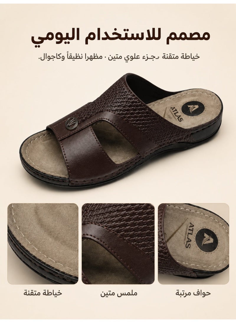 Men’s Leather-Look Arabic Sandals, Open Toe Slip-On House Slippers with Woven Strap, Soft Footbed, Non-Slip Sole, Comfortable Casual Sandals - Image 1