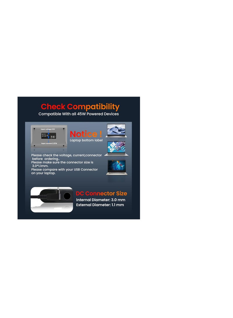 Terabyte شاحن لابتوب 45 واط لأيسر كروم بوك 11 13 14 15 A13-045N2A C720 CB3-431 PA-1450-26 R11 أيسر أسباير ون كلاود بوك AO1-131 AO1-431 R14 R5 V3-371 سلسلة ترافل ميت 3.0 × 1.1 مم 19 فولت 2.37 أمبير - Image 4