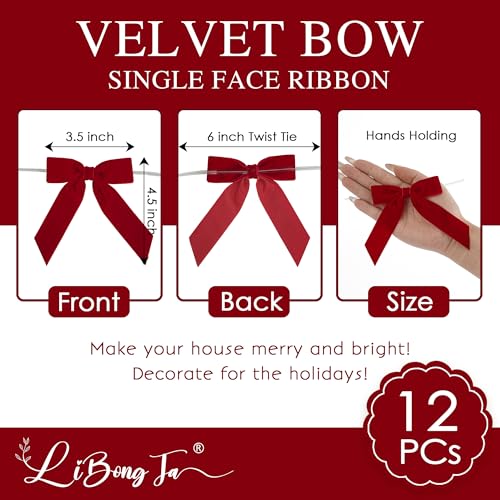 LiBongTa 35 Red Ribbon Pretied Bows Valentines Day Bows Premade Red Velvet Ribbon Bow with Twist Ties for Wreaths Treat Bags Gift Wrapping Party Favor Crafts12 Counts - Image 5