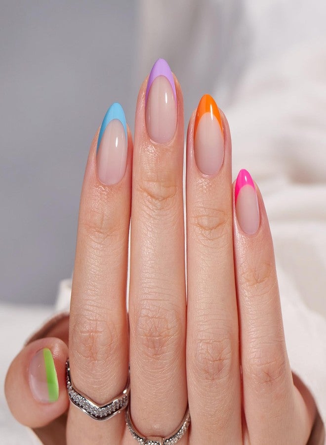 BTArtbox Press On Nails Short - Soft Gel French Tip Press On Nails, Colorful Almond Glue On Nails, Reusable Stick On Nails in 16 Sizes, Neon Rainbow French - Image 2