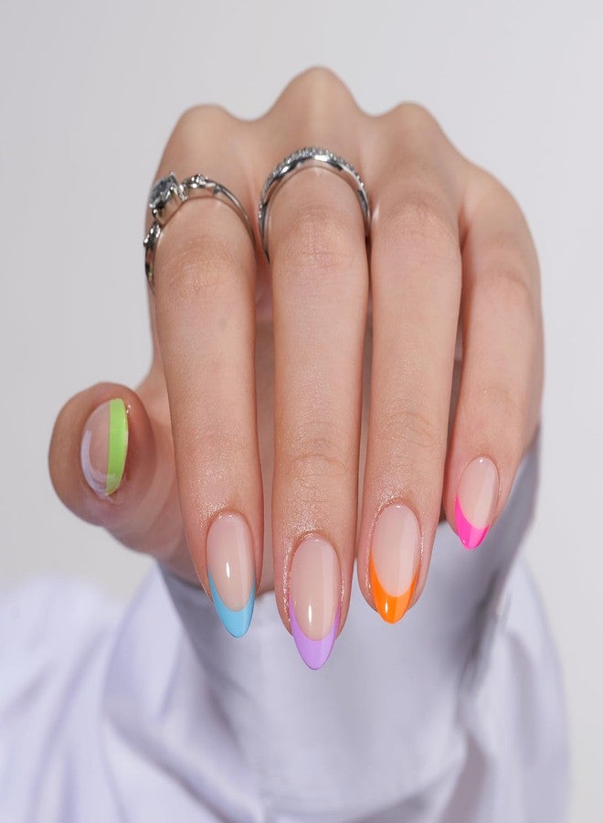 BTArtbox Press On Nails Short - Soft Gel French Tip Press On Nails, Colorful Almond Glue On Nails, Reusable Stick On Nails in 16 Sizes, Neon Rainbow French - Image 1