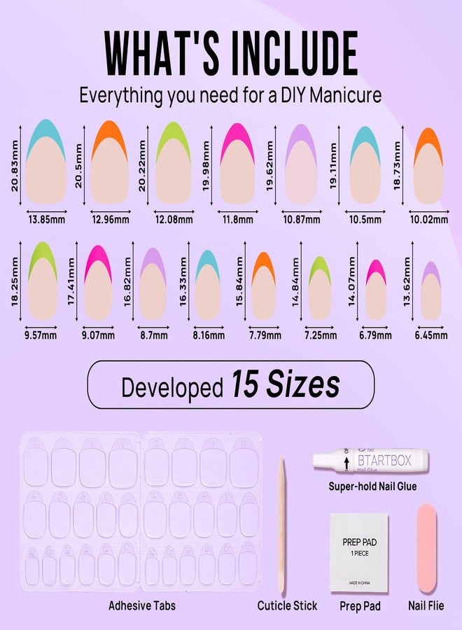 BTArtbox Press On Nails Short - Soft Gel French Tip Press On Nails, Colorful Almond Glue On Nails, Reusable Stick On Nails in 16 Sizes, Neon Rainbow French - Image 5