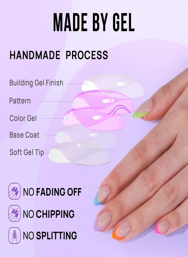 BTArtbox Press On Nails Short - Soft Gel French Tip Press On Nails, Colorful Almond Glue On Nails, Reusable Stick On Nails in 16 Sizes, Neon Rainbow French - Image 4
