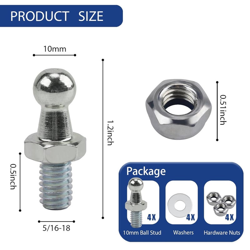 Beneges 4 Pieces 10mm Ball Studs with Hardware Nuts Washers 5/16-18 Thread x 3/5" Long Shank for Universal Gas Lift Support Strut - Image 2